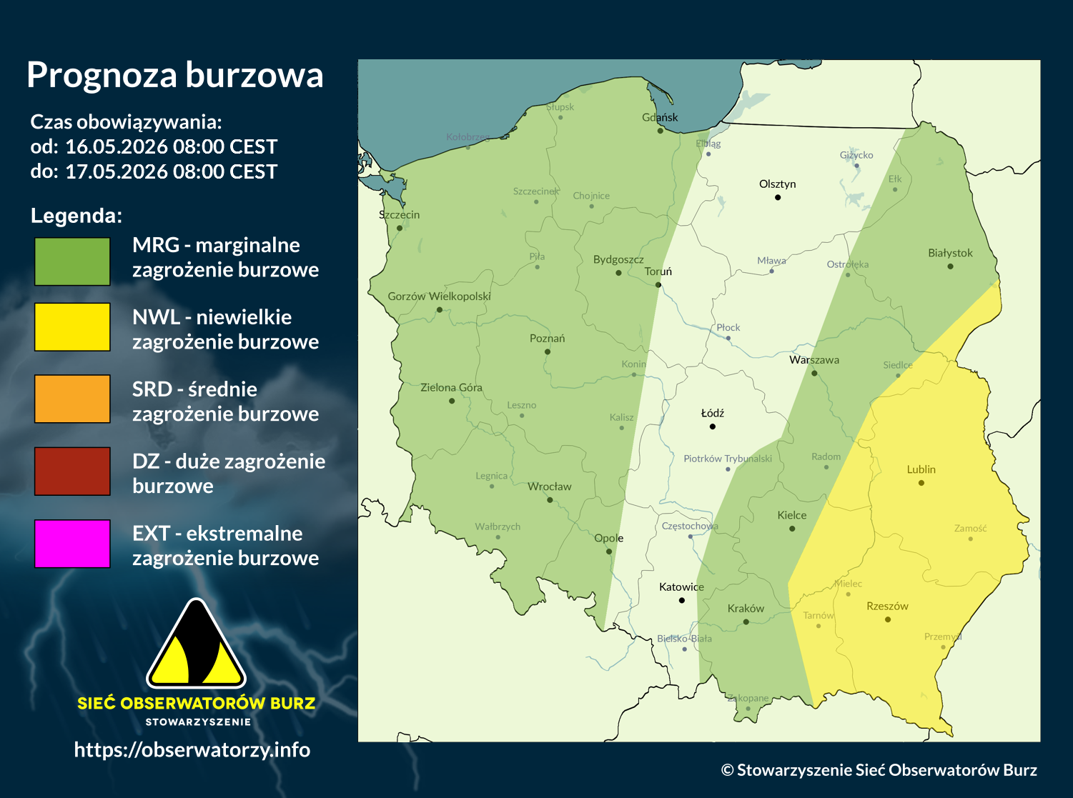 Prognoza burzowa na 16.05.2026 i noc z 16/17.05.2026