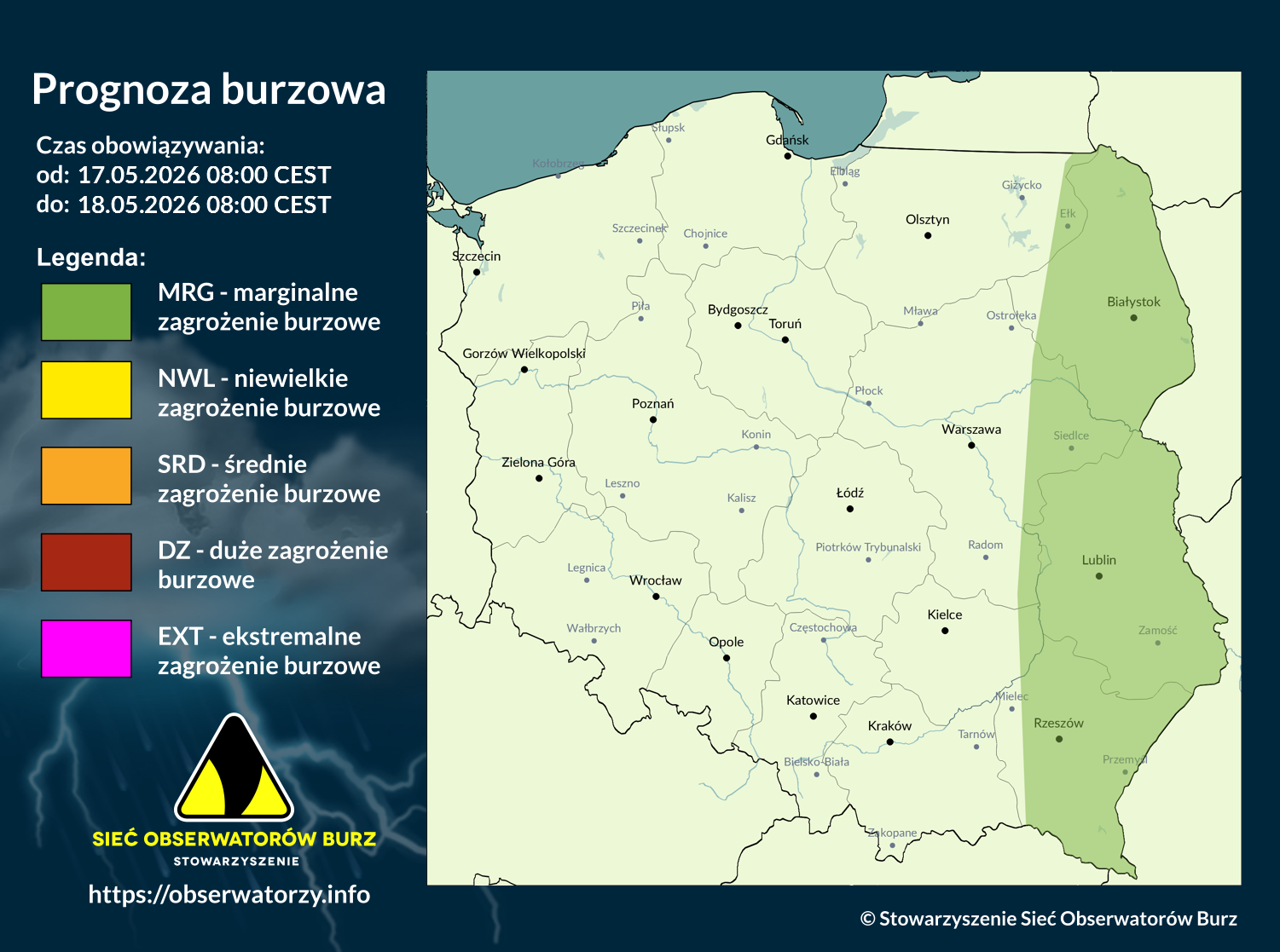 Prognoza burzowa na 17.05.2026 i noc z 17/18.05.2026