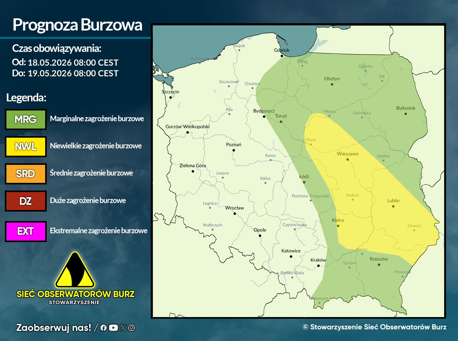 Prognoza burzowa na 18.05.2026 i noc z 18/19.05.2026