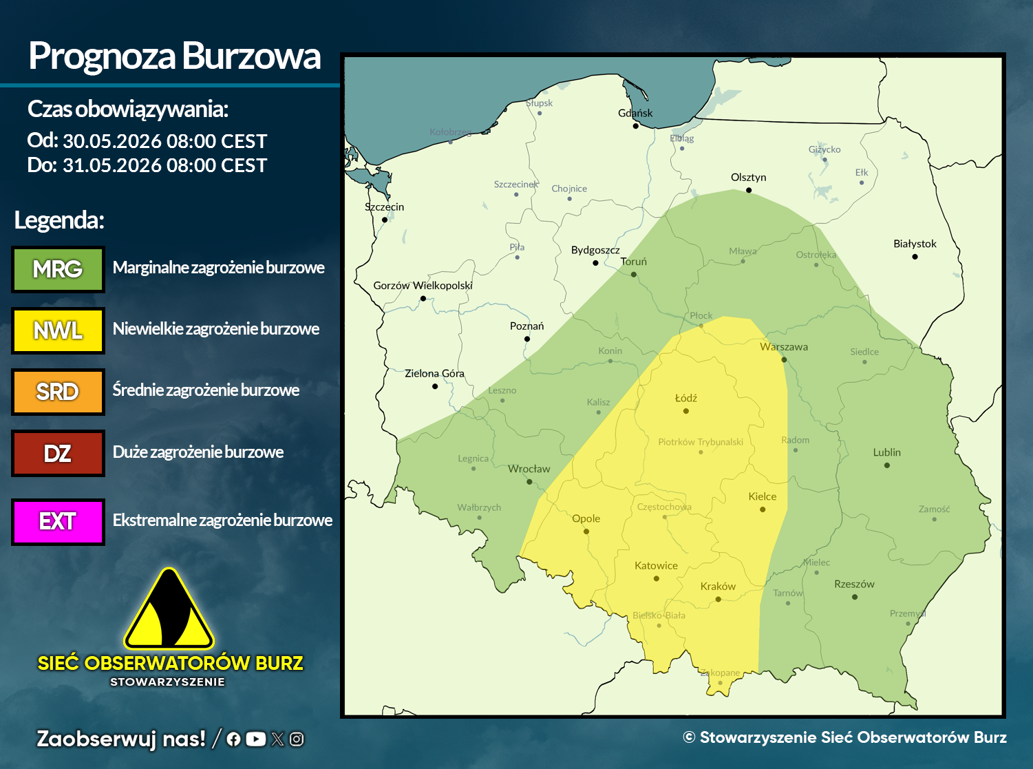 Prognoza burzowa na 30.05.2026 i noc z 30/31.05.2026