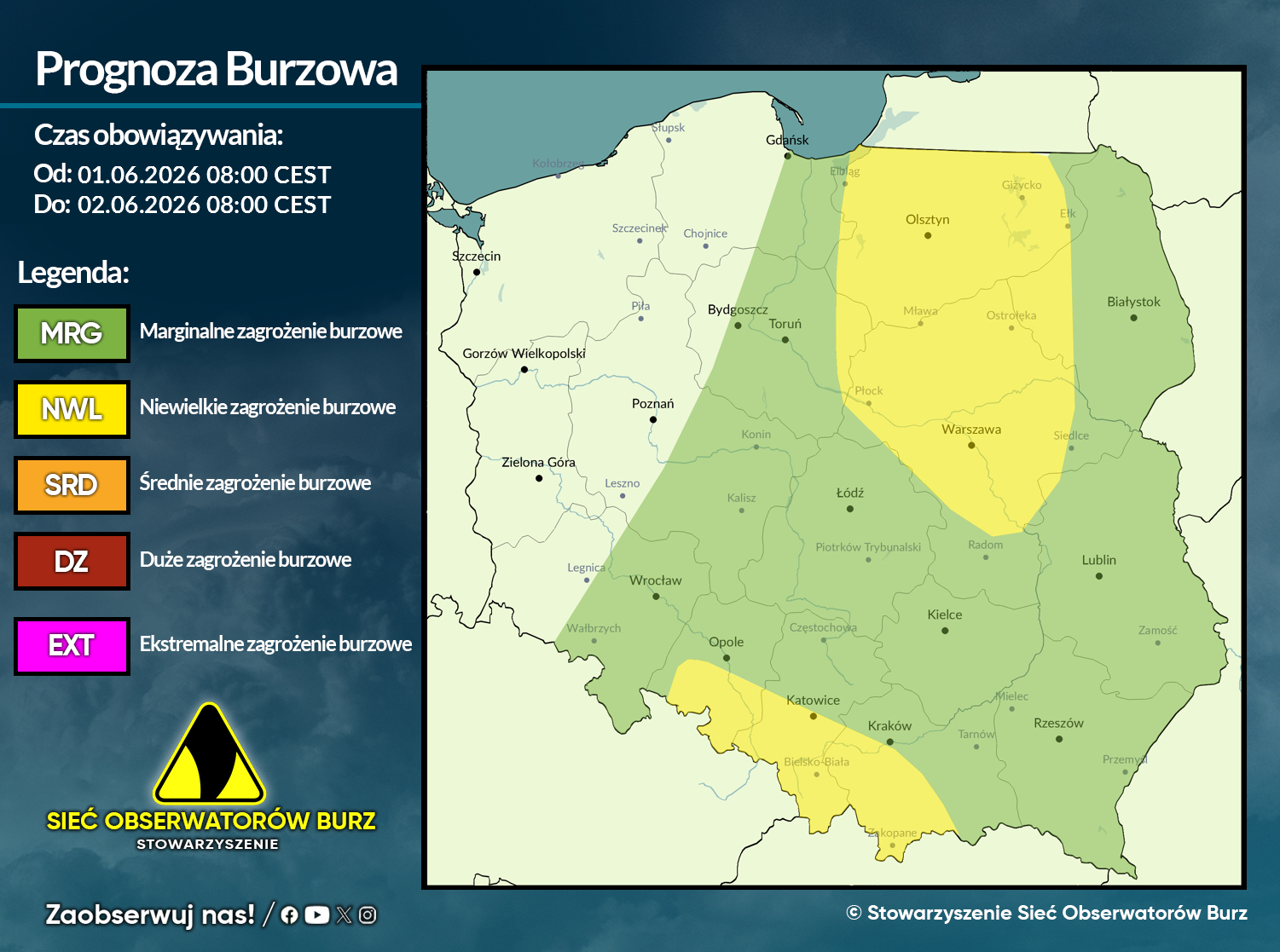 Prognoza burzowa na 1.06.2026 i noc z 1/2.06.2026