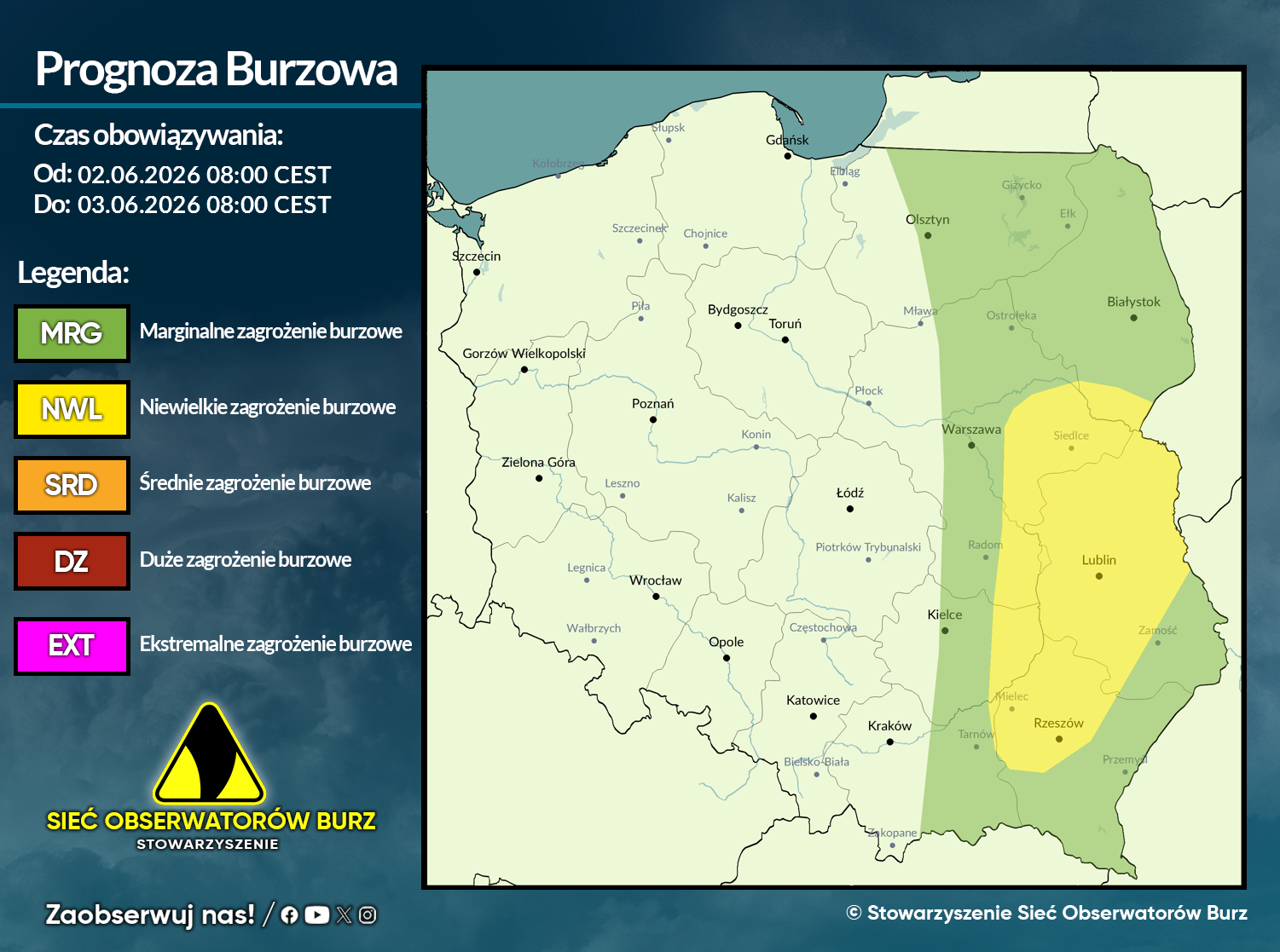 Prognoza burzowa na 2.06.2026 i noc z 2/3.06.2026