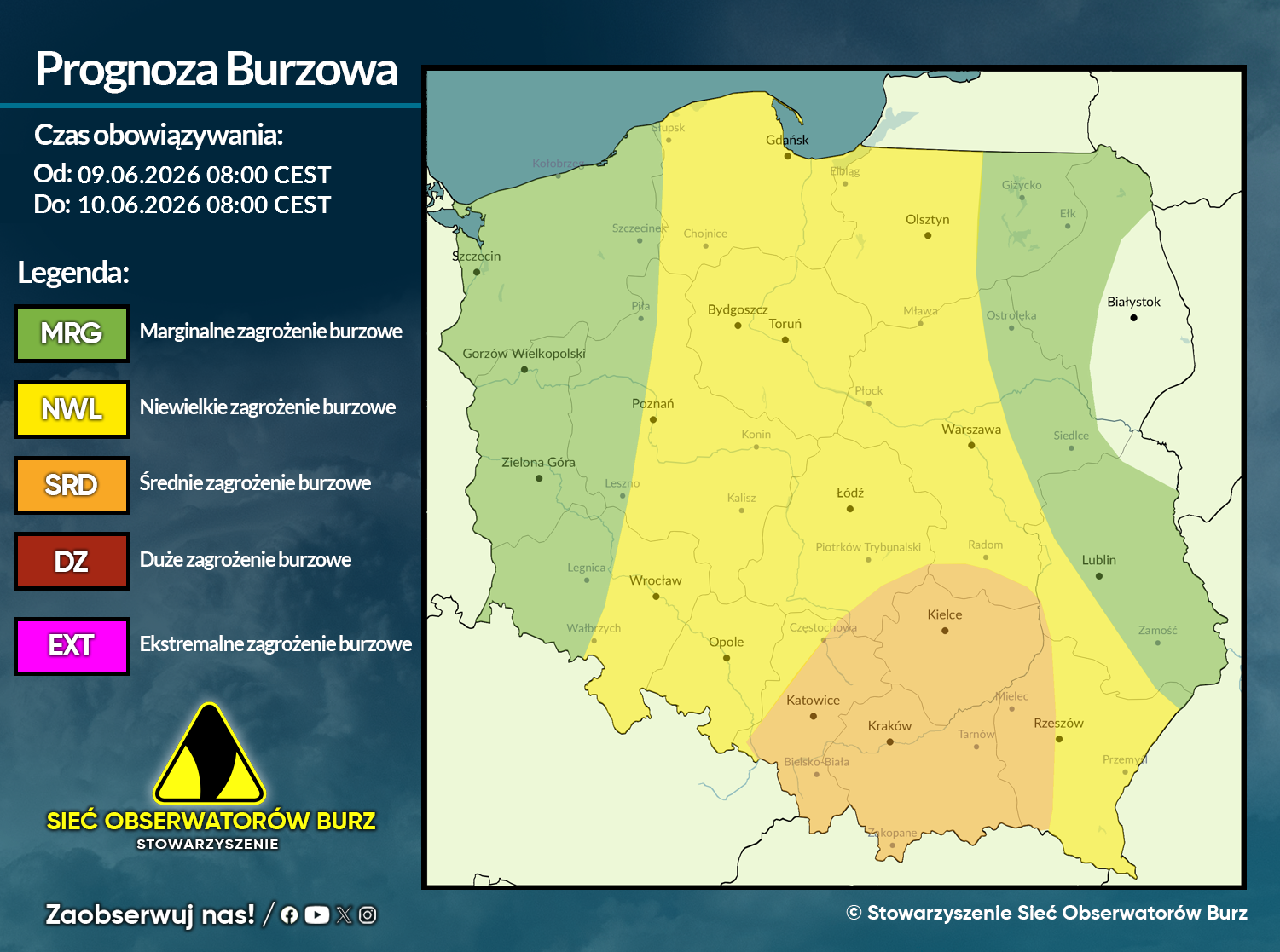 Prognoza burzowa na 9.06.2026 i noc z 9/10.06.2026