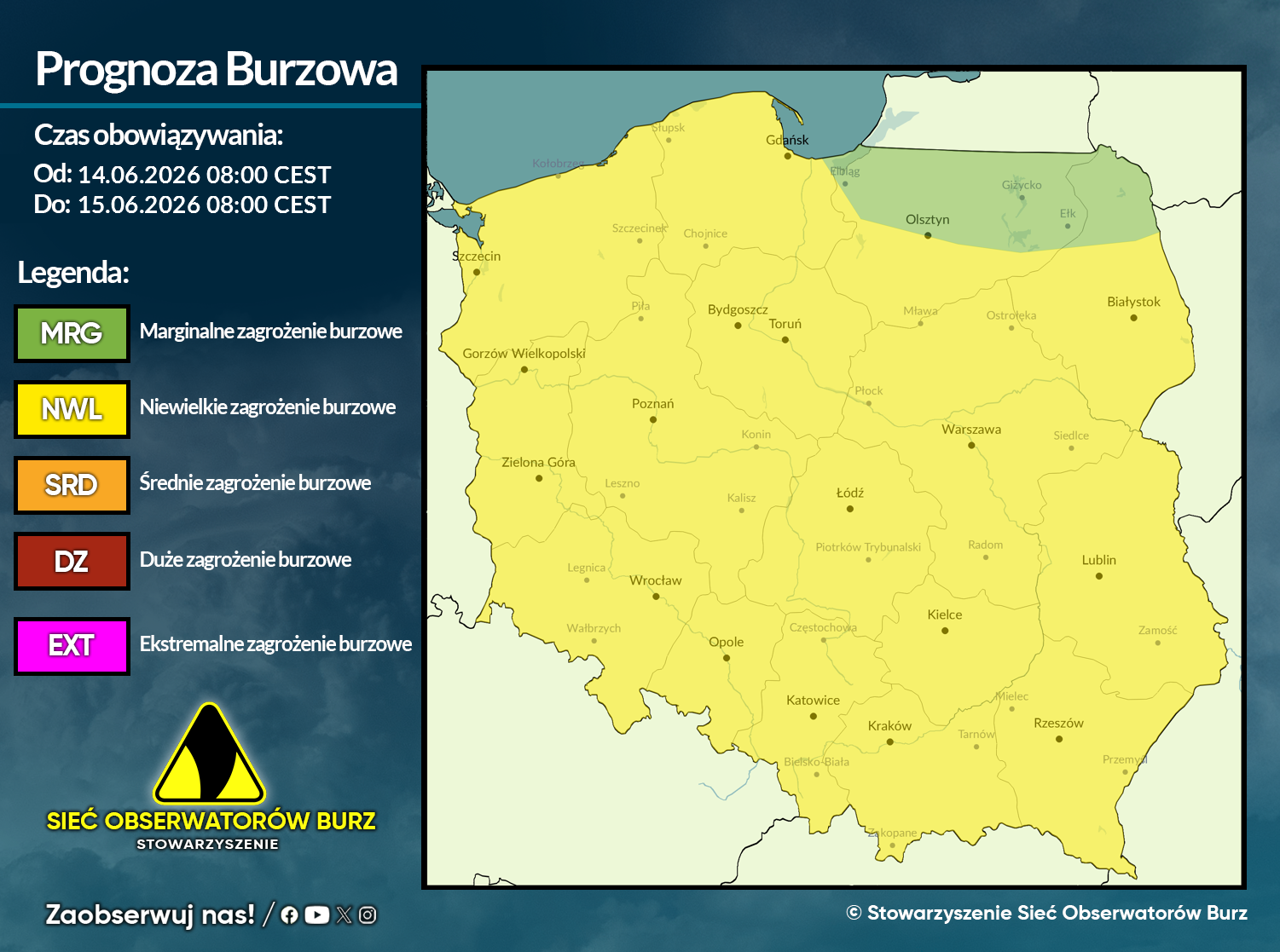 Prognoza burzowa na 14.06.2026 i noc z 14/15.06.2026