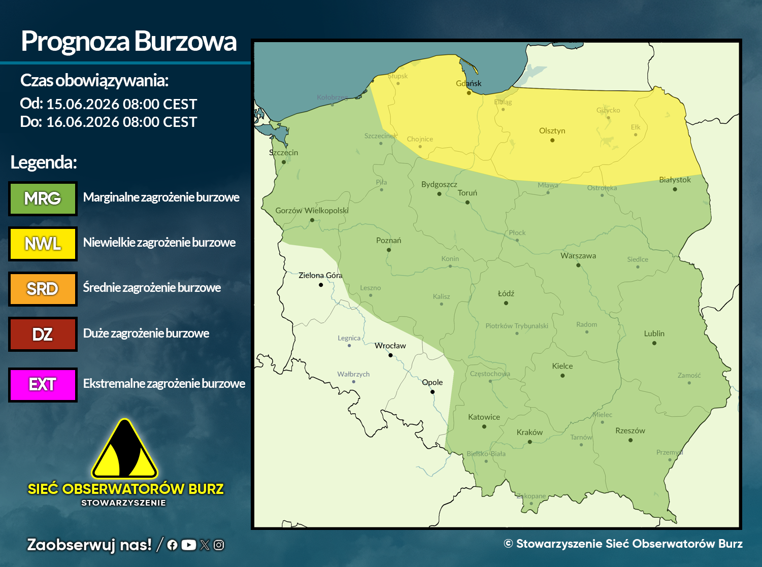 Prognoza burzowa na 15.06.2026 i noc z 15/16.06.2026