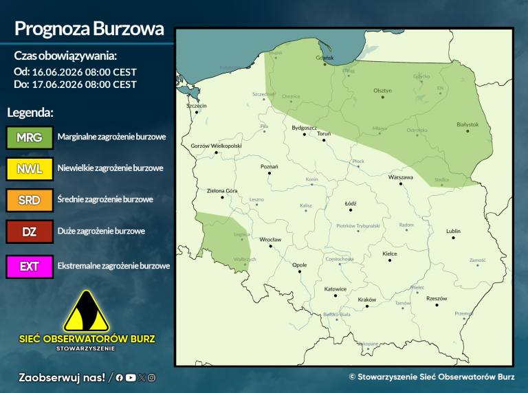 Prognoza burzowa na 16.06.2026 i noc z 16/17.06.2026