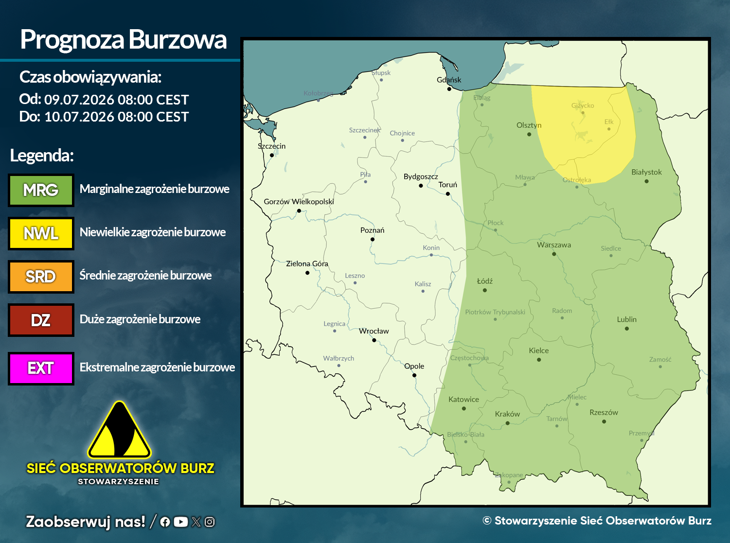 Prognoza burzowa na 9.07.2026 i noc z 9/10.07.2026