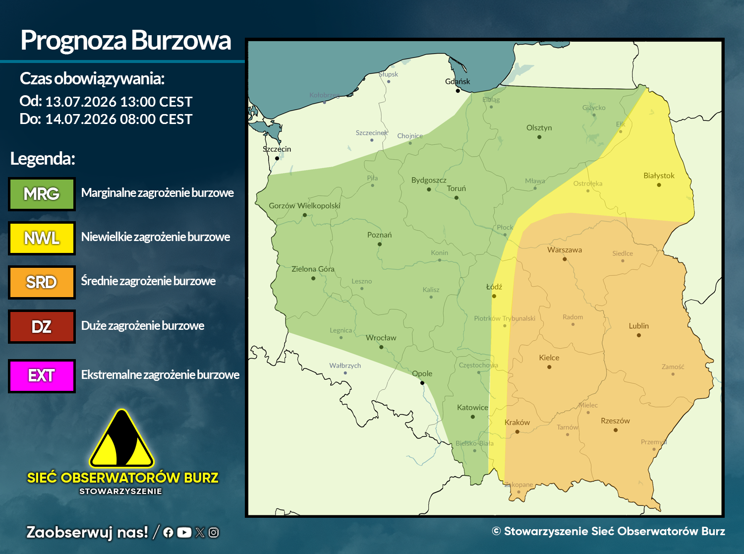 Prognoza burzowa na 13.07.2026 i noc z 13/14.07.2026 [AKTUALIZACJA]