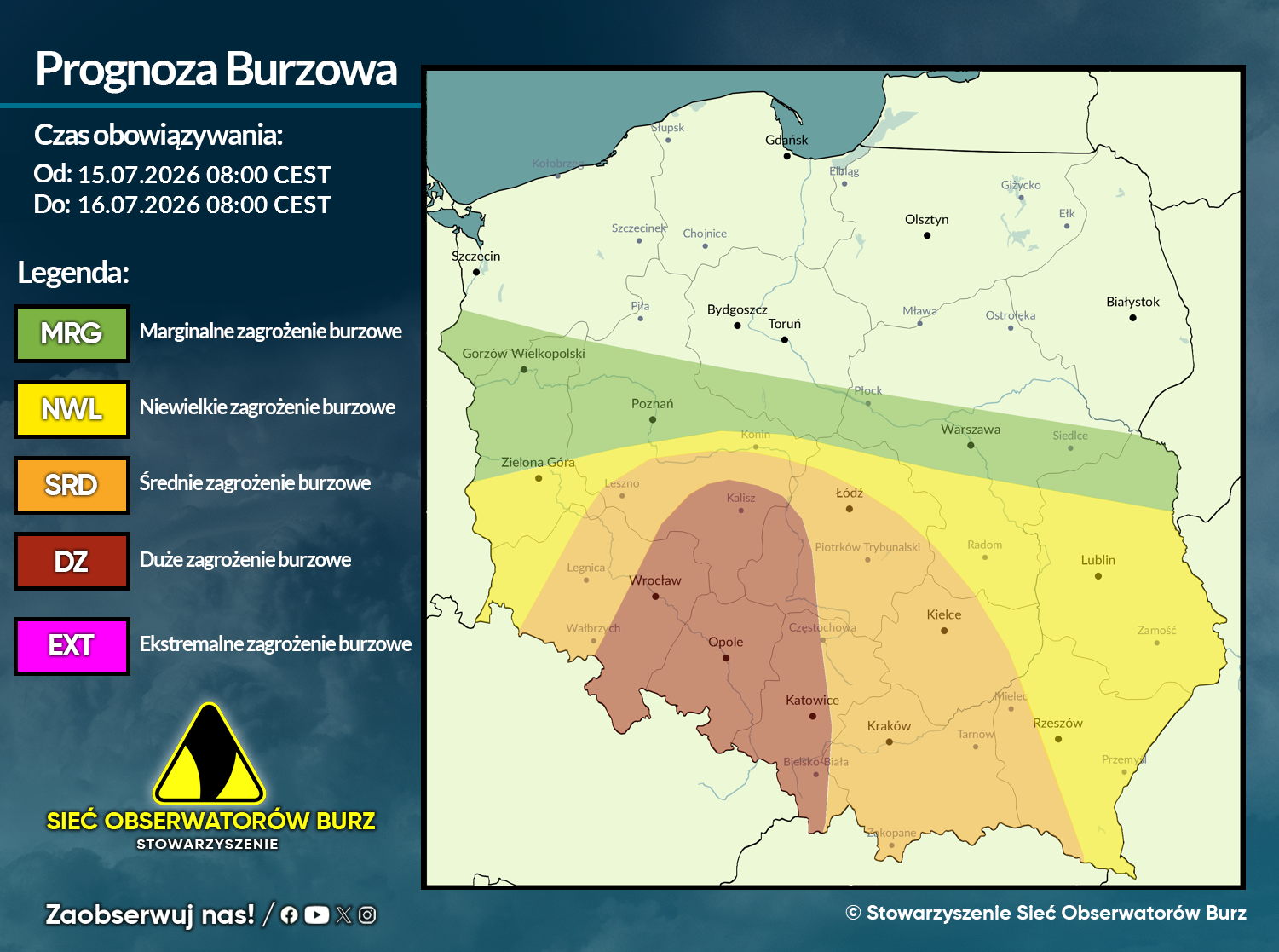 Prognoza burzowa na 15.07.2026 i noc z 15/16.07.2026
