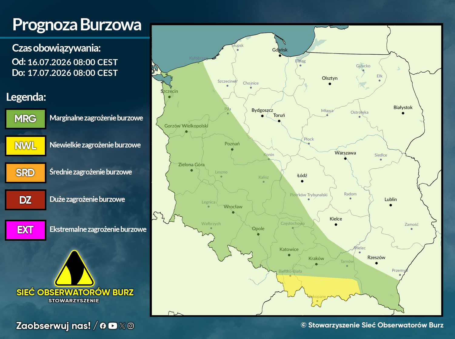 Prognoza burzowa na 16.07.2026 i noc z 16/17.07.2026