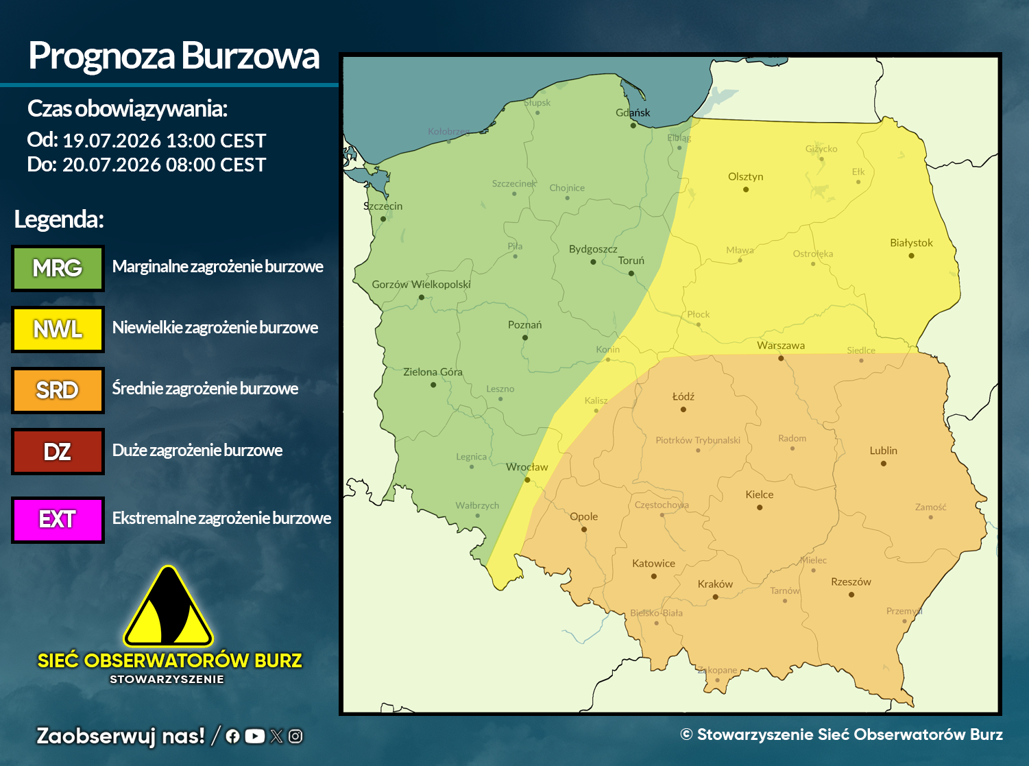 Prognoza burzowa na 19.07.2026 i noc z 19/20.07.2026 [AKTUALIZACJA]