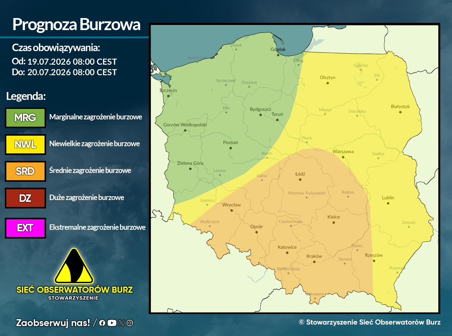 Prognoza burzowa na 19.07.2026 i noc z 19/20.07.2026