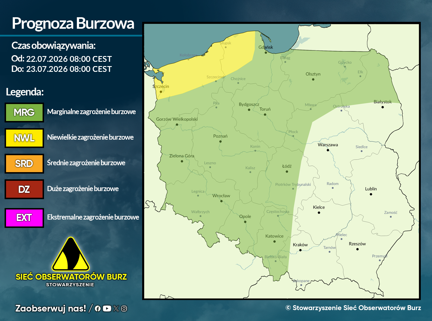 Prognoza burzowa na 22.07.2026 i noc z 22/23.07.2026