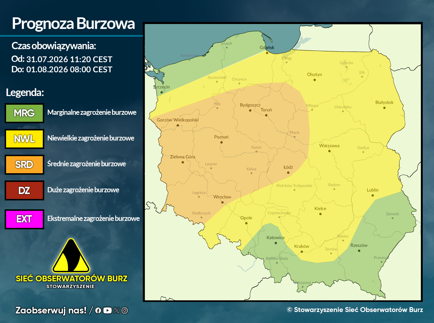Prognoza burzowa na 31.07.2026 i noc z 31.07/1.08.2026 [AKTUALIZACJA]