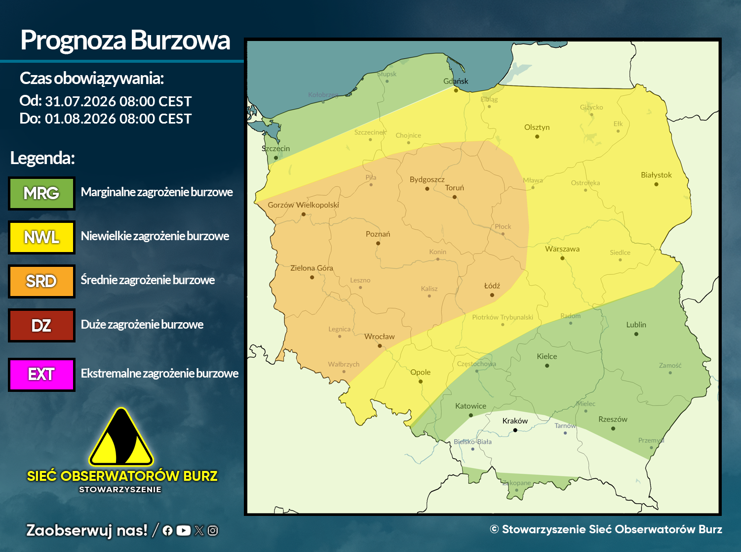 Prognoza burzowa na 31.07.2026 i noc z 31.07/1.08.2026