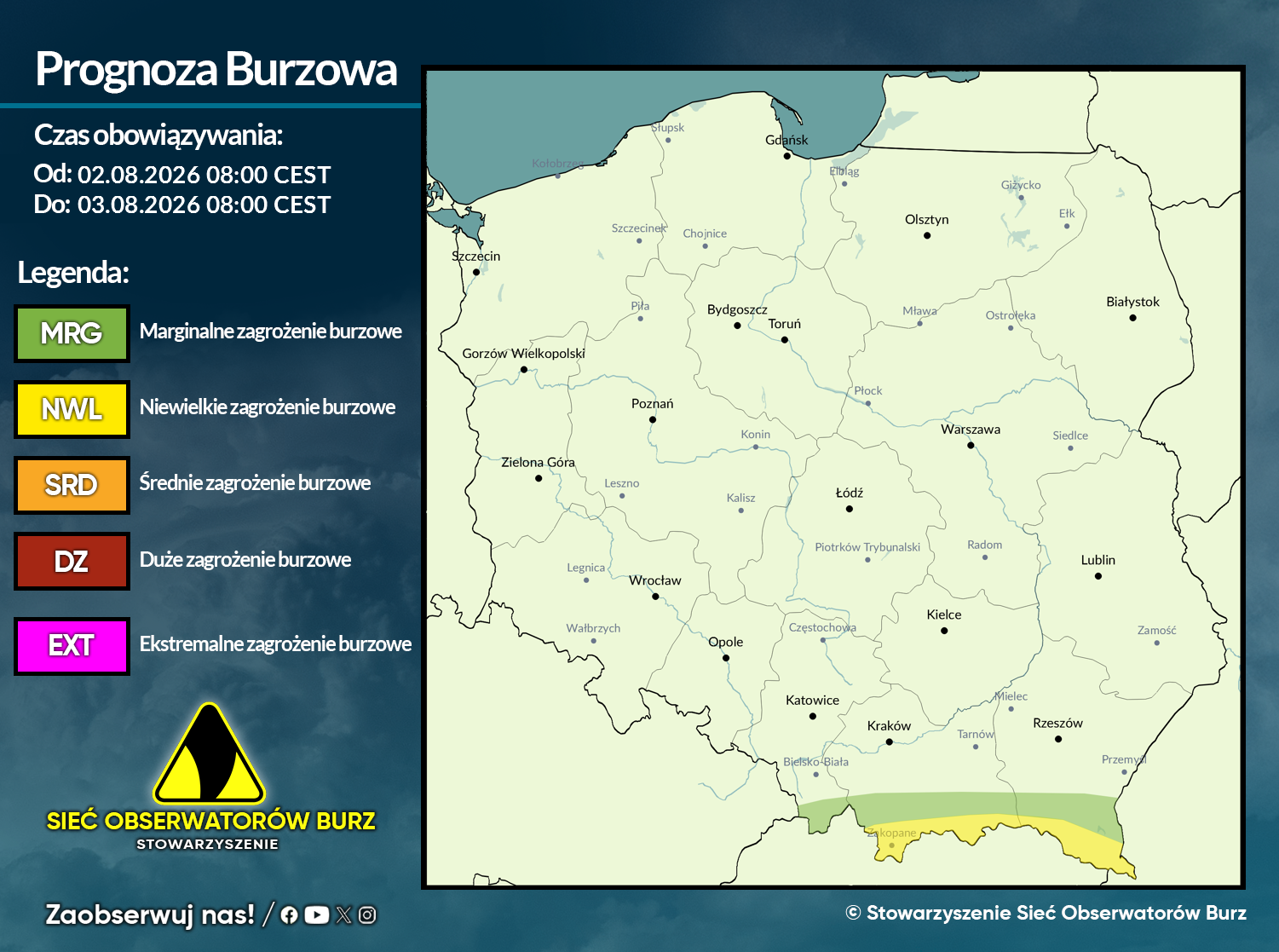 Prognoza burzowa na 2.08.2026 i noc z 2/3.08.2026