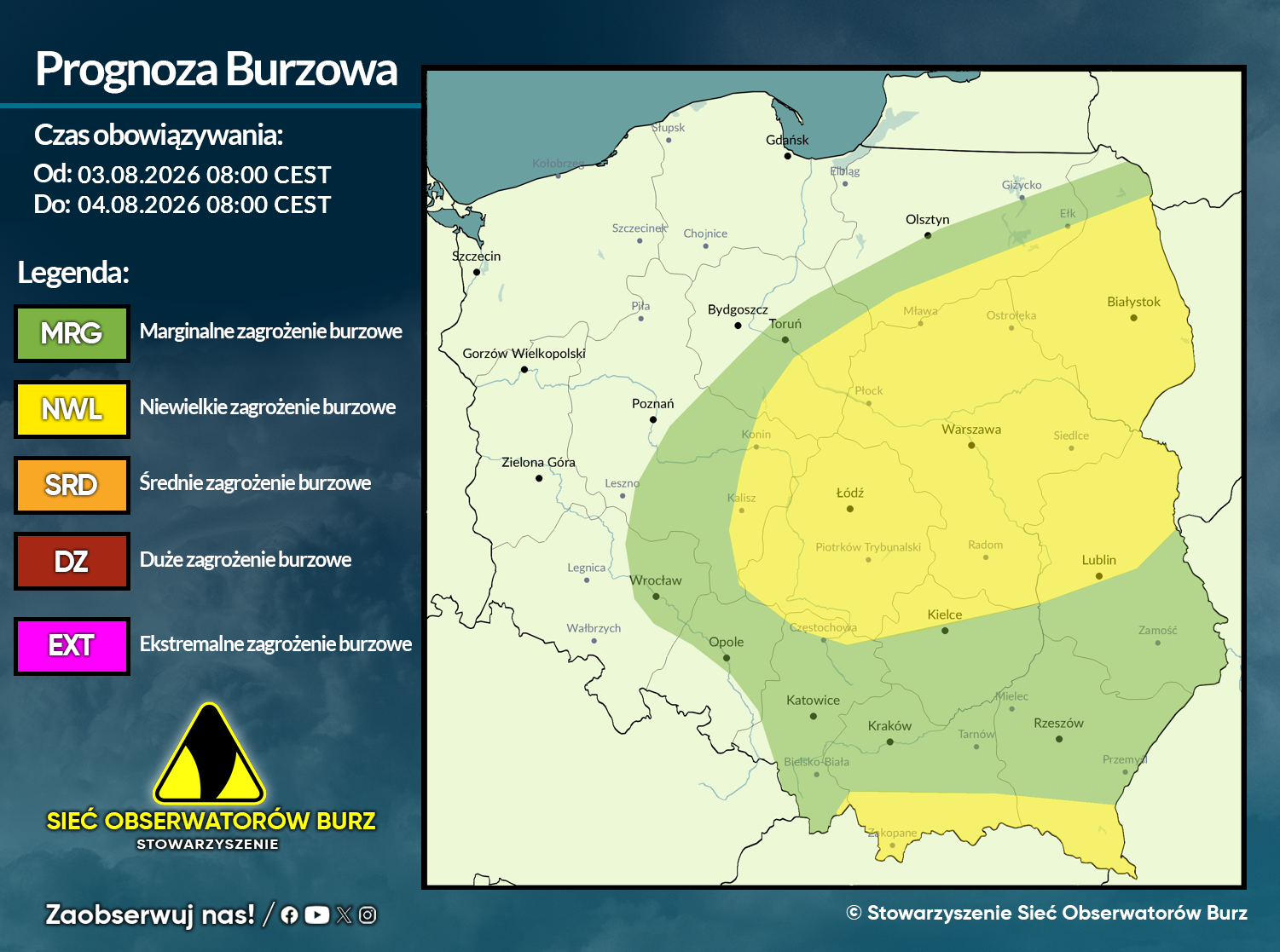 Prognoza burzowa na 3.08.2026 i noc z 3/4.08.2026