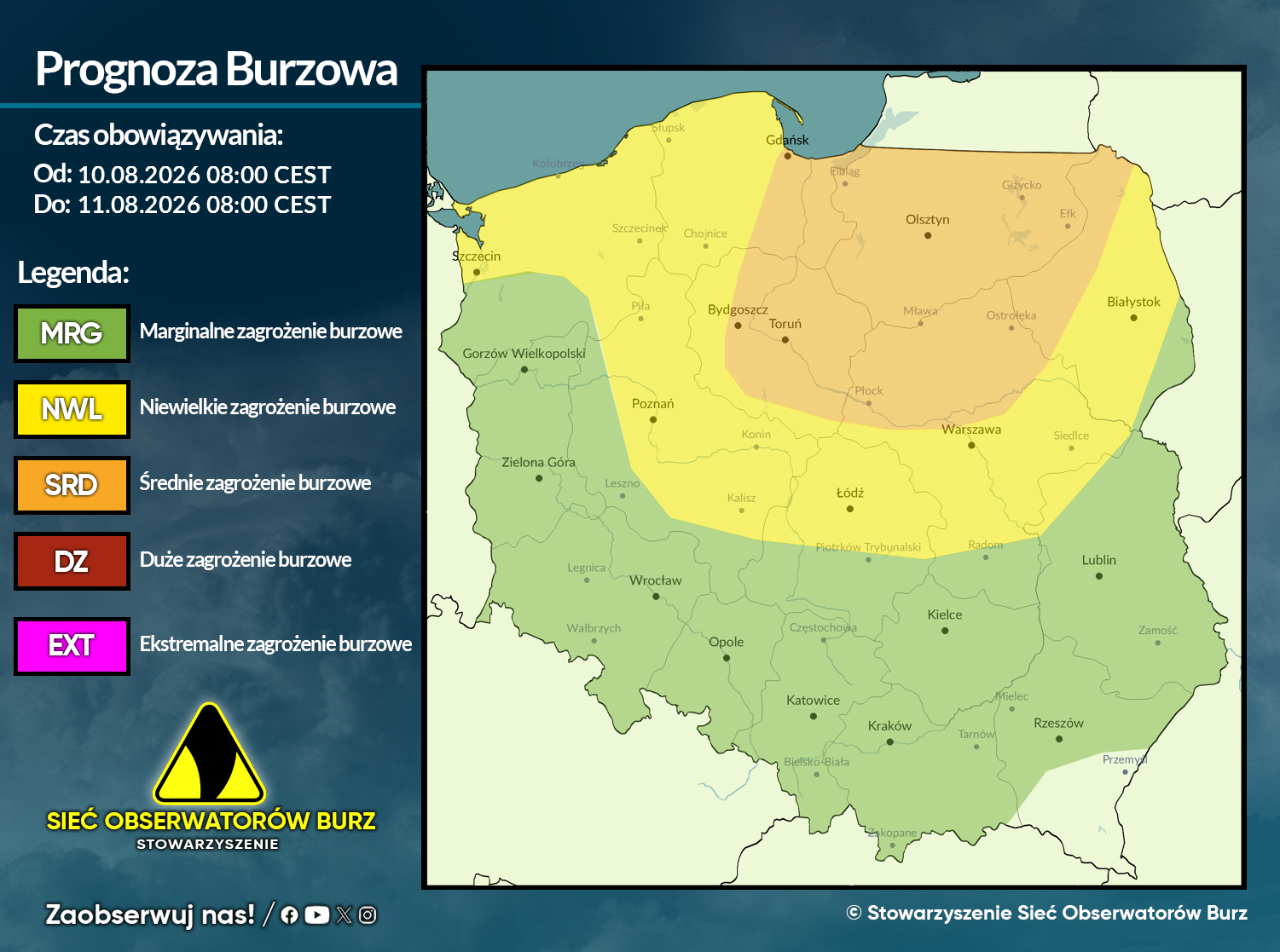 Prognoza burzowa na 10.08.2026 i noc z 10/11.08.2026