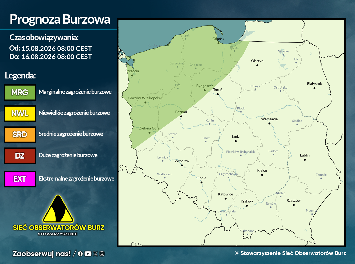 Prognoza burzowa na 15.08.2026 i noc z 15/16.08.2026