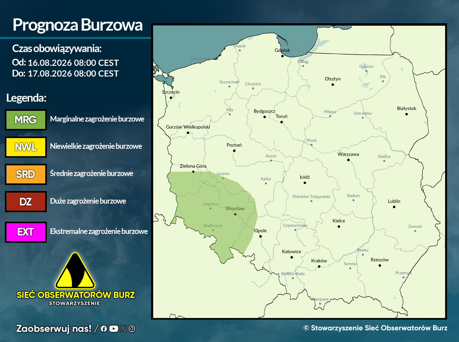 Prognoza burzowa na 16.08.2026 i noc z 16/17.08.2026