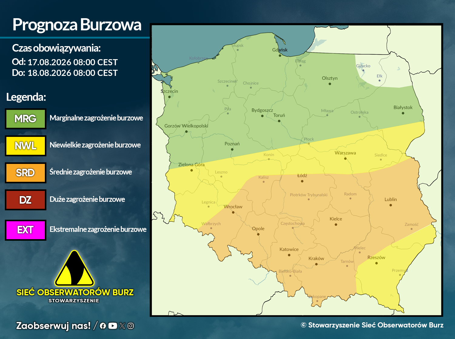 Prognoza burzowa na 17.08.2026 i noc z 17/18.08.2026