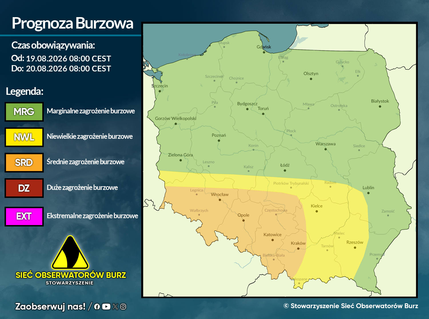 Prognoza burzowa na 19.08.2026 i noc z 19/20.08.2026