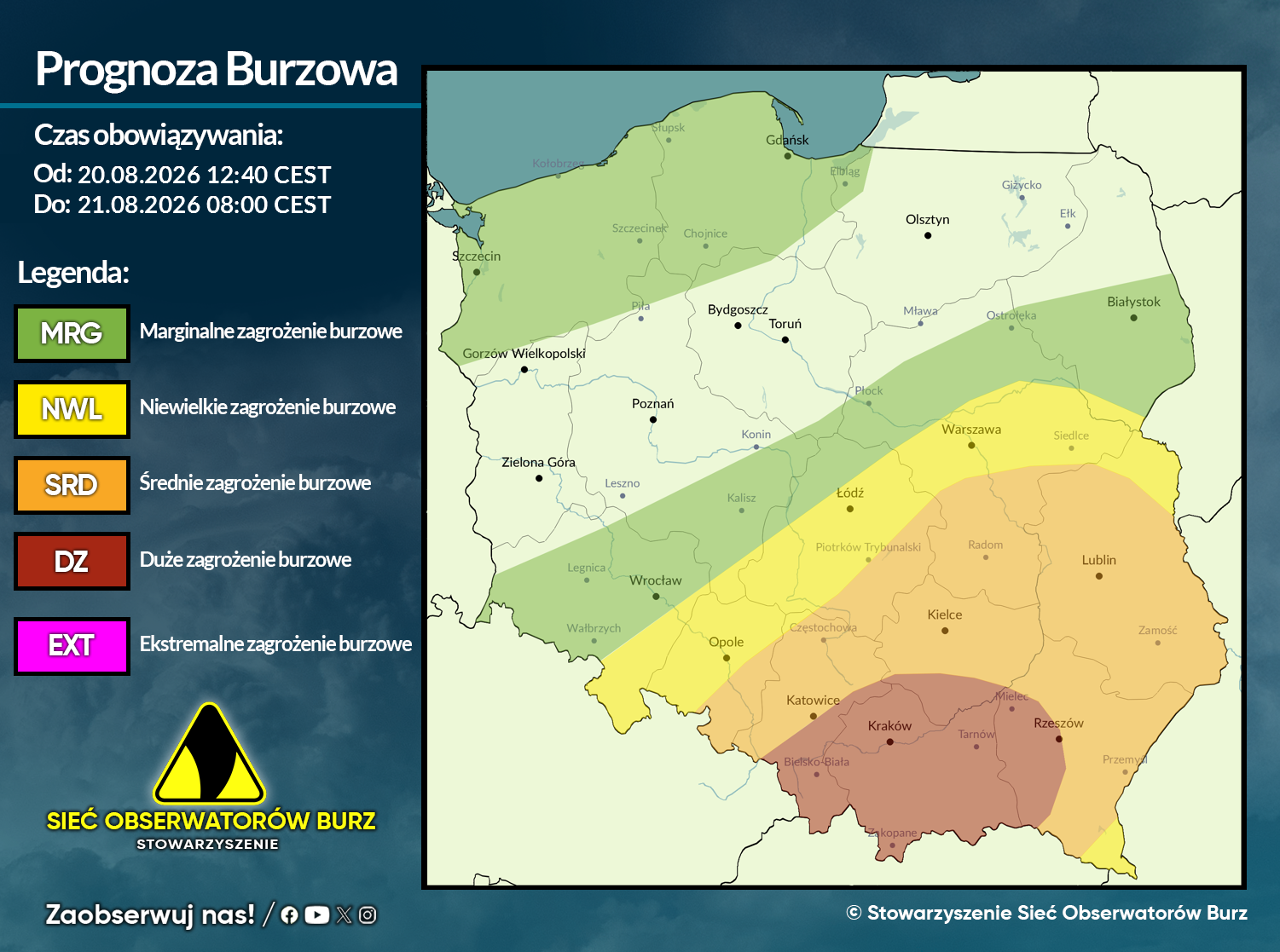 Prognoza burzowa na 20.08.2026 i noc z 20/21.08.2026 [AKTUALIZACJA]