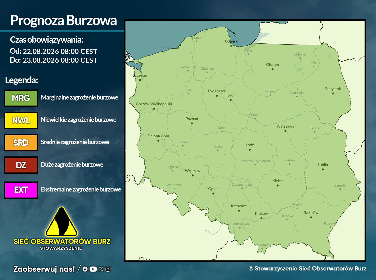 Prognoza burzowa na 22.08.2026 i noc z 22/23.08.2026