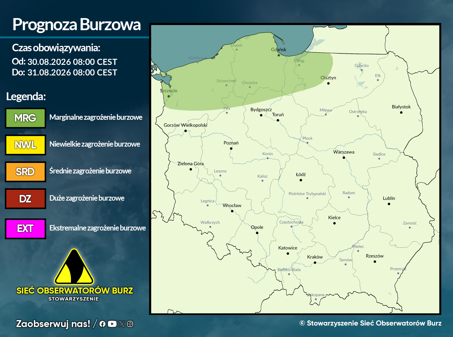 Prognoza burzowa na 30.08.2026 i noc z 30/31.08.2026