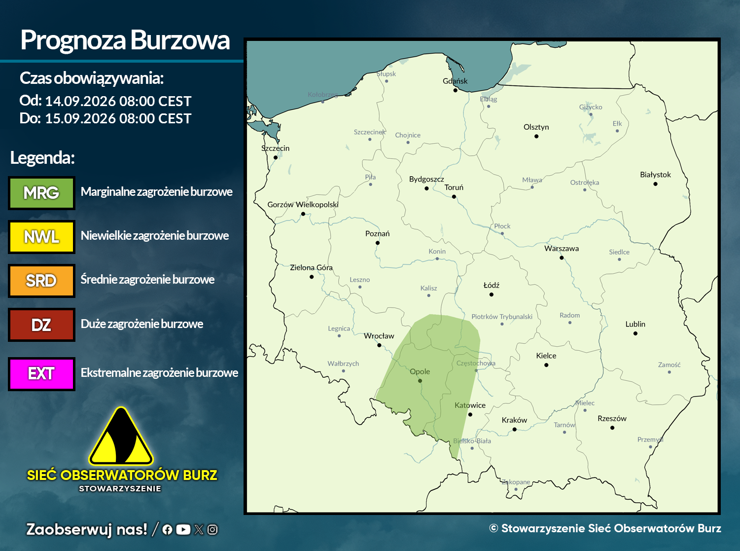 Prognoza burzowa na 14.09.2026 i noc z 14/15.09.2026