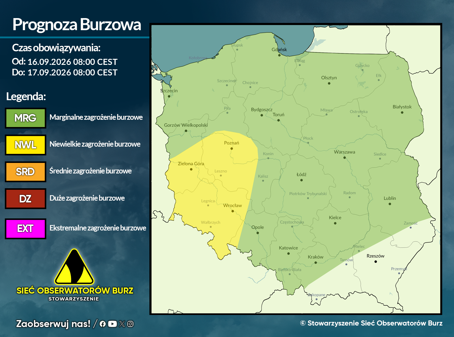 Prognoza burzowa na 16.09.2026 i noc z 16/17.09.2026